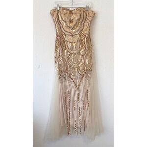 Gold Sequin Prom Gown Dress Medium Strapless Lace Up Mermaid Prom Formal Event